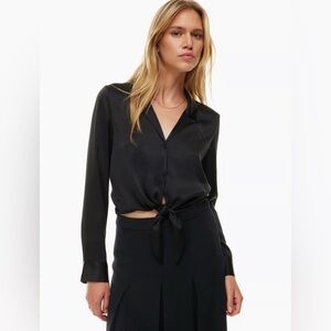 Aritzia Wilfred Tie Front Elegant Black Satin Women's Blouse Top Size S
